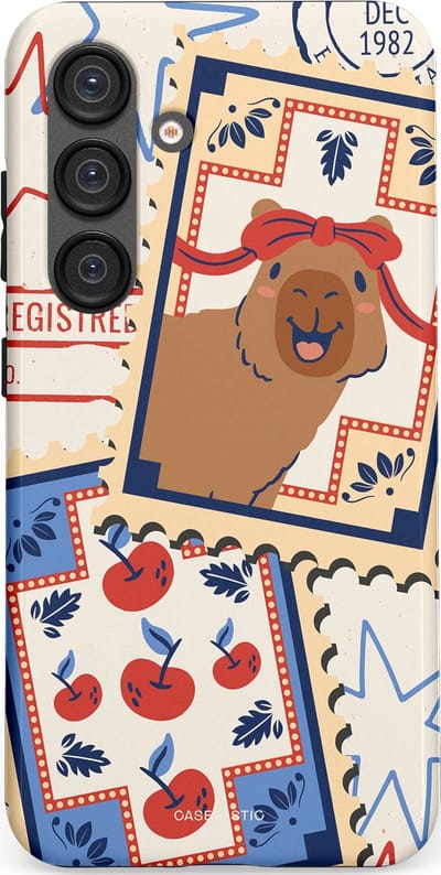 Casetastic hoesje geschikt voor Samsung Galaxy S25 - Dubbellaagse bescherming - Kerst Capibara Post van de Noordpool - Fashion Case - Lichtgrijs Zand Terracotta