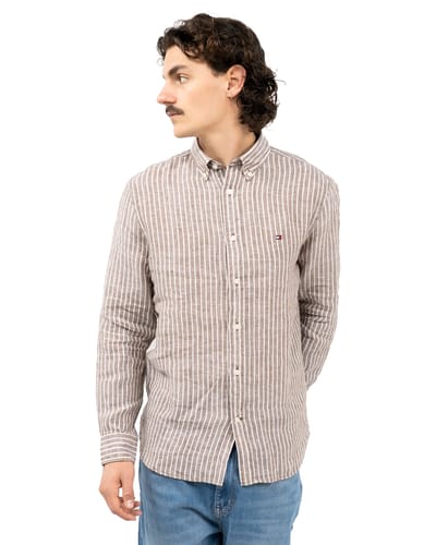 Tommy Hilfiger Regular Fit Linen Shirt Legacy Brown/stripe Taglia: S | Camicie Casual Outlet | Uomo | Bianco