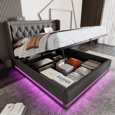 SINGULARITY-Gestoffeerd tweepersoonsbed 160 x 200 cm- grijs- hydraulisch opbergbed- hoofdbord met USB Type-C- 3-zijdige LED- met matras