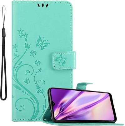 Cadorabo Hoesje geschikt voor Samsung Galaxy A20s in BLOEMEN TURKOOIS - Beschermhoes in bloemmotief met magnetische sluiting, standfunctie en kaartsleuven Book Case Cover Etui