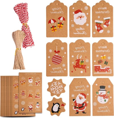 Set van 100 Kerst Cadeautags in 4 Vormen, Bruin Kraftpapier Labels met Kleurrijke en Jute Touw voor Kerstdecoratie en Creatieve Klussen