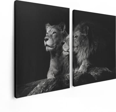 Artaza Canvas Schilderij Tweeluik Leeuw En Leeuwin - Zwart Wit - 120x80 cm - Wanddecoratie Woonkamer - Schilderijen - Muurdecoratie