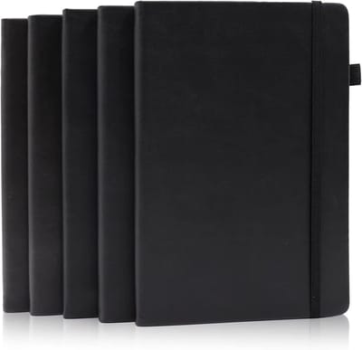 Gestippelde dagboek notitieboeken 5 stuks met penlus en harde kaft - Premium papier 100 g/m2 - Medium formaat - Zwart