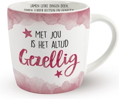 Mok - Koffie - Cadeau - Traktatie - Gezellig - Mok Met Jou Is Het Altijd Gezellig - Keramiek - Cadeauverpakking met gekleurd lint