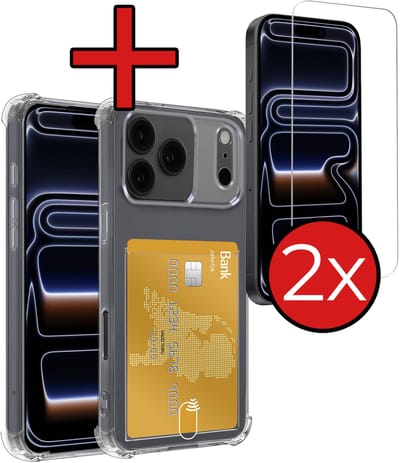 Hoesje - Geschikt voor iPhone 17 Pro / 18 Pro - Met 2x Screenprotector - Pashouder - Kaarthouder - Back Cover - Telefoon Hoes Shockproof - Siliconen Case - Shock Proof - Pasjes Houder - Telefoonhoes - Transparant