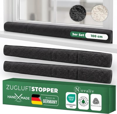 Tochtstrip voor ramen, 100 cm, antraciet, scheerwol  houdt tocht en kou tegen, dempt geluid/stof/licht, antislip, geen boren nodig; voor vensterbanken/kozijnen, dicht kieren af, binnen, set van 3
