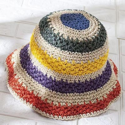 Chapeau de Soleil Arc-en-ciel Femme Été Rayé Crocheté Chapeau Seau de Plage Femme Crochet Pliable Chapeau Panama Visière Solaire Femme Casquette de Plage 56-58cm gray