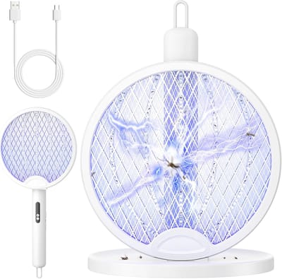 2-in-1 Muggenmepper - 4000V Opvouwbare Elektrische Vliegenmepper met Oplaadstation & Paars Licht - Oplaadbare 1800mAh Insectenverdelger voor Binnen & Buiten - Zwart - 1 Set