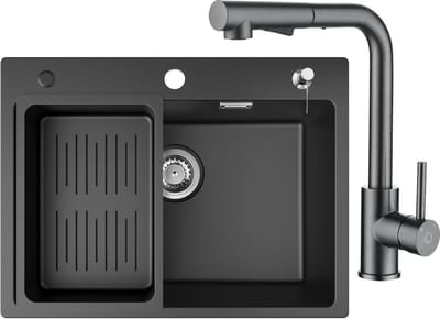 Sofetiy Max spoelbak Keuken 60x45cm Antraciet - Granieten spoelbak Met Keukenkraan Met Uittrekbare Uitloop en Zeepdispenser - Spoelbakken met afdruip - Enkele spoelbak Met Afdruiprek - Antraciet