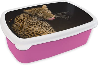 Broodtrommel Roze - Lunchbox - Brooddoos - Luipaard - Tong - Nacht - 18x12x6 cm - Kinderen - Meisje