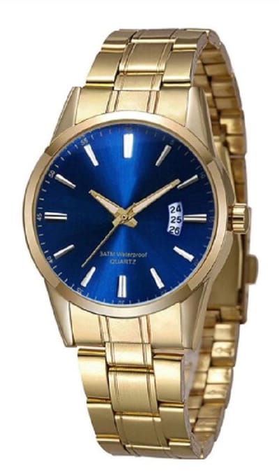 Stijlvol heren horloge - goudkleurig/ blauw - 40 mm - I-deLuxe verpakking