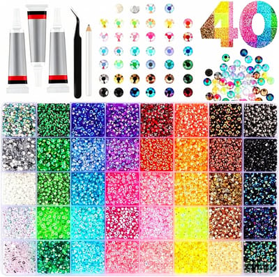 Luxe Strasssteentjes Set - 32000 stuks - 40 kleuren - Strass stenen in doos - DIY Strasstenen - afm 3mm - Lijm met pincet - plaksteentjes - voor ambacht, kleding, mokken, schoenen, stof, nagelkunst