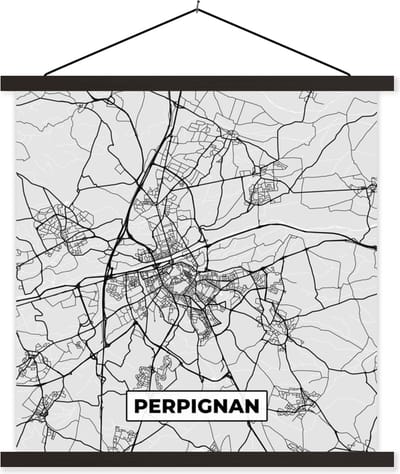 Posterhanger incl. Poster 60x60 cm - Schoolplaat - Plattegrond - Kaart - Stadskaart - Frankrijk - Perpignan - Textielposter - Zwarte latten - Stadskaart