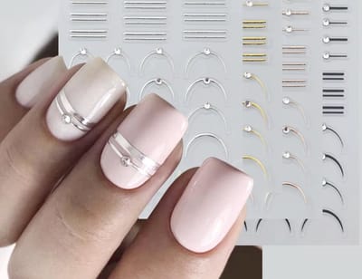 Nagelstickers | 4 vellen | Nailart | 3D zelfklevende streep nagelstickers met strass-steentjes - zwart-goud-zilver en rose