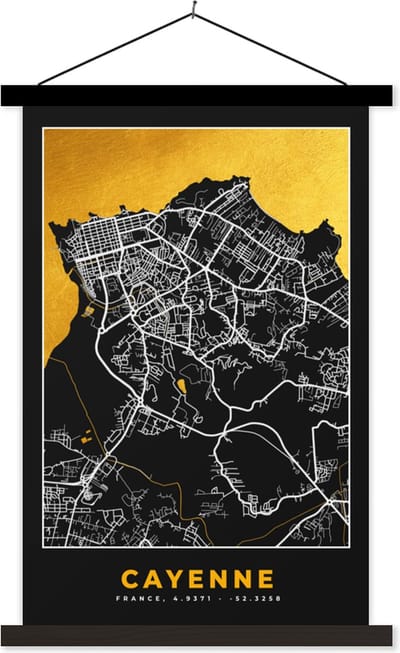 Posterhanger incl. Poster 40x60 cm - Schoolplaat - Stadskaart - Plattegrond - Cayenne - Frankrijk - Kaart - Textielposter - Zwarte latten - Stadskaart