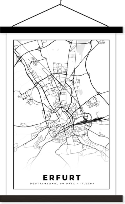 Posterhanger incl. Poster 40x60 cm - Schoolplaat - Plattegrond - Erfurt - Kaart - Stadskaart - Textielposter - Zwarte latten - Stadskaart