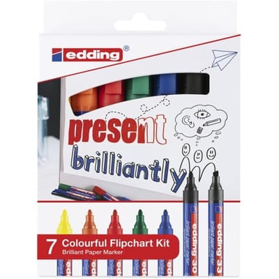 edding 30/33 colourful flipchart kit- briljant paper markers set - assorti 7 stuks: zwart, rood, blauw, groen, geel, oranje (e-30 6x/e-33 1x) - 1,5-3/1-5mm