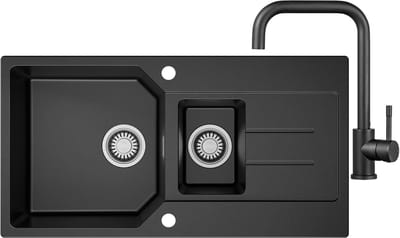Anycee max Spoelbak Met Kraangat - Granieten Keuken 86x45CM - 1.5 Spoelbak Keuken Met Keukenkraan - Met Afdruiprek en Waterafvoersysteem - 80% Kwarts Zand Spoelbak Keuken - Zwart