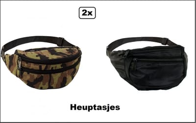 2x Heuptasje camouflage en zwart - Verstelbaar - Optocht heup tasje carnaval indoor outdoor festival evenement