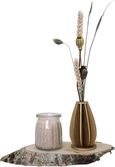 Houten Vaasje met Droogbloemen & Glaasje met (Beige) Kaarsenzand - Woondecoratie - Sfeer - Pearlsand - Cadeautip