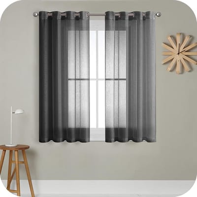 PolkaHome Vitrage, voile stof, halfdoorzichtig, kort, met ingestanste ringen, linnenlook, voor woonkamer, slaapkamer, kinderkamer, zwart, 160 x 140 cm (h x b), 2-delige set