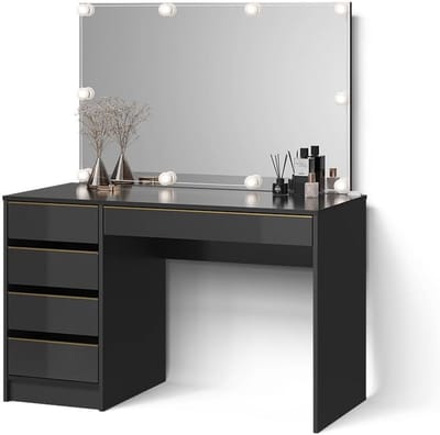 Moderne Kaptafel met 120 cm Spiegel en LED Verlichting - Zwart/Goud