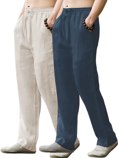 Livano Linnen Broek Heren - Zomerbroek - Volwassenen - Lange Broek - Pantalon - Strandbroek - Zomer - Ibiza Stijl - 2 Stuks Beige & Marineblauw - Maat S