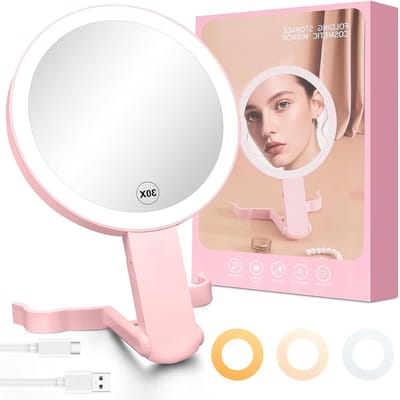 Oplaadbare Make-up Spiegel met Verlichting, Dubbelzijdige 30X/1X Vergroting, 3 Kleuren Instelbare Verlichting en 360° Draaifunctie voor Thuisgebruik