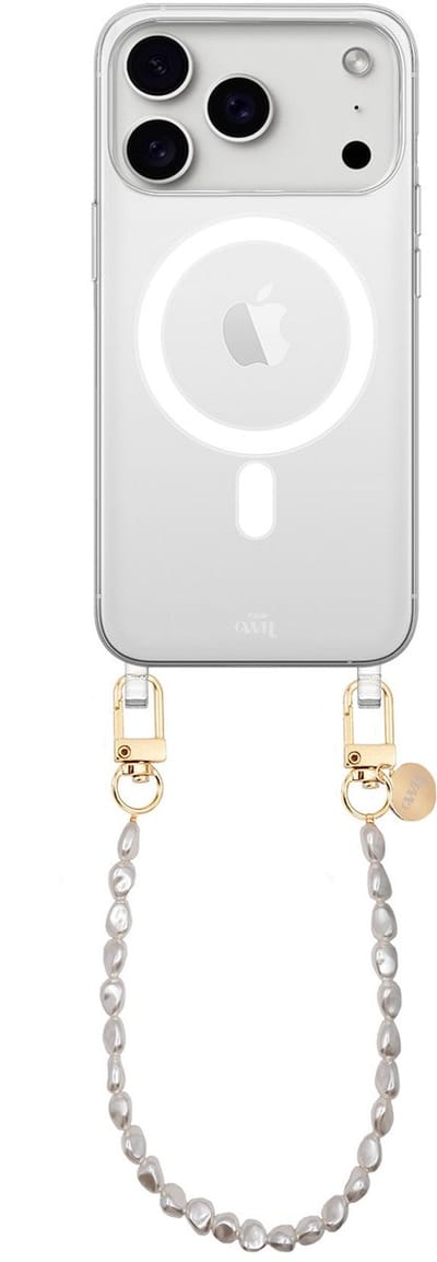 xoxo Wildhearts magnetisch hoesje geschikt voor iPhone 17 Pro Max MagSafe - Pearlfection - Transparant telefoonhoesje met koord - Telefoonkoord met parels - Parelketting - Kort koord