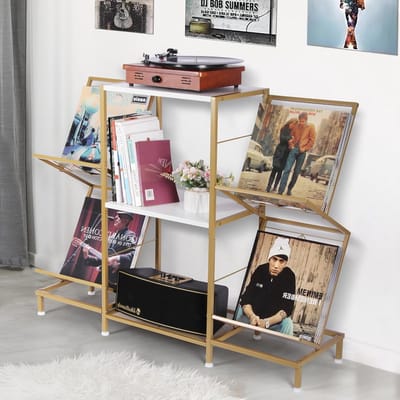 Platenspelerstandaard met 4-laags Vinyl Opslag en Metalen Frame