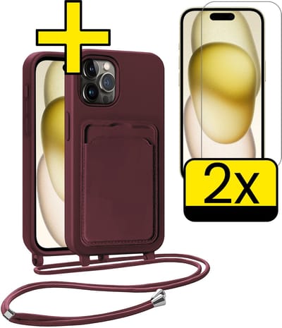 Hoesje Geschikt voor iPhone 14 Pro Telefoonhoesje Met Koord Case Pashouder Met 2x Screenprotector Siliconen - Hoes Geschikt voor iPhone 14 Pro Hoesje Met Kaarthouder - Aubergine