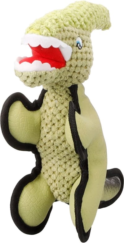 Hondenspeelgoed - Flamingo Saura dinosaurus kaki L - pluche & latex - met squeaker - ribfluweel afwerking - 10,5 x 25,5 x 23,5 cm
