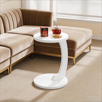 OKWISH Bijzettafel – C-Vormig Rond Blad – Voor Bank En Bed – Ruimtebesparend – MDF Wit – 38 × 55 Cm