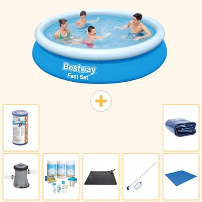 Bestway Rond Opblaasbaar Fast Set Zwembad - 366 x 76 cm - Blauw - Inclusief Pomp - Onderhoudspakket - Solar Mat - Schoonmaakset - Grondzeil - Filter - Solarzeil - 8-delig