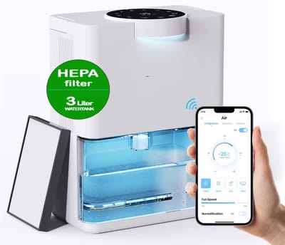 JC's® - Luchtontvochtiger - Luchtreiniger - Wifi Luchtontvochtigers - Automatische hygrometer - Extreem Stil - 1000ml/dag - HEPA filter - Dehumidifier - Grote Watertank 3000ml - Voor huis, kamer, badkamer & kelder – Wit
