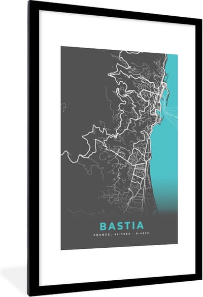 Fotolijst incl. Poster - Kaart - Bastia - Plattegrond - Plattegrond - Stadskaart - 80x120 cm - Posterlijst