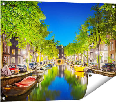 Gards Tuinposter Amsterdamse Gracht in de Nacht - 80x60 cm - Tuindoek - Tuindecoratie - Wanddecoratie buiten - Tuinschilderij
