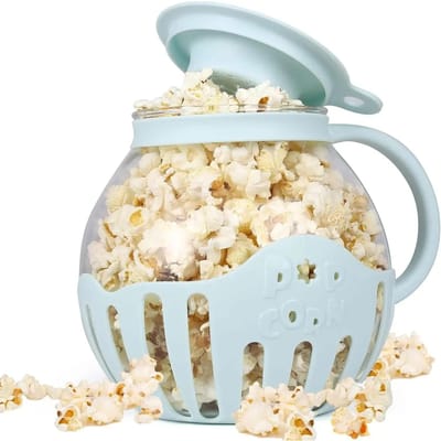 Magnetron Popcorn Popper Borosilicaat Glazen Kom met Siliconen Deksel 3-in-1 Mini Popcorn Maker Veilig voor Magnetron hemelsblauwe kleur