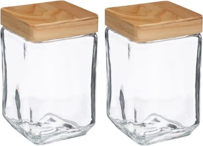 5Five voedsel/spullen voorraadpot - 2x stuks - Glas met houten deksel - 1700 ml - Met luchtdichte sluiting