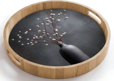 Dienblad rond 40x40 cm - Schootdienblad hout - Takken - Vaas - Bolletjes - Wit - Borrelplank rechthoek - Plateau houten dienbladen