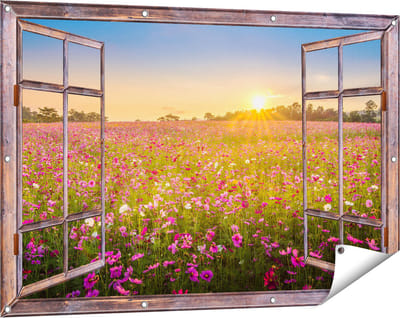 Gards Tuinposter Doorkijk Bloemenveld met Roze Kosmos - 120x80 cm - Tuindoek - Tuindecoratie - Wanddecoratie buiten - Tuinschilderij