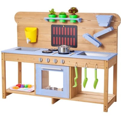 VEVOR Speelkeuken, Kinderkeuken met Fornuis, Haken, Dubbele Spoelbak, Plantspatel, Spatels, Kookgerei & Accessoires, Speelkeuken om mee te spelen met water en zand, Houten Keuken, 1220x425x930 mm