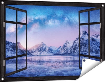 Gards Tuinposter Doorkijk Melkweg bij de Besneeuwde bergen - 90x60 cm - Tuindoek - Tuindecoratie - Wanddecoratie buiten - Tuinschilderij