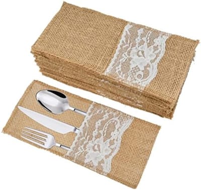 PolkaHome 40 stuks vintage bestekzakken, jute bestekzakken met kant, bruiloftsdecoratie, tafeldecoratie voor feesten, restaurants en dagelijks gebruik