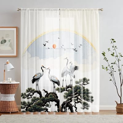 2 Stuks HD Digitaal Kraan Fontein Pijnboom Bedrukt Raamscherm Huisdecoratie Stijl Decoratieve Woonkamer Slaapkamer Roede Gordijn W52H63inchW132H160cm white
