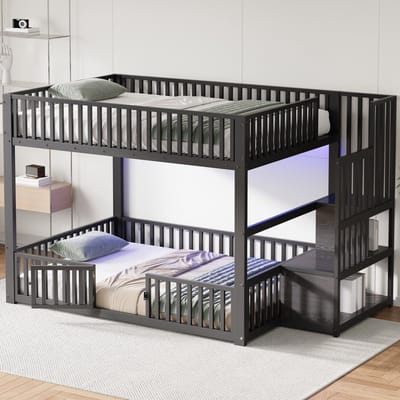 MODENUIT Stapelbed 140x200 cm – Laag Model met Led-verlichting – Ladder met Opbergruimte – Metaal en MDF – Zonder matras – Zwart