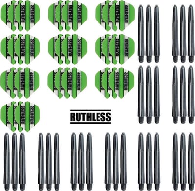 Darts Set - 10 Sets Ruthless Flights – darts flights – Groen – plus 10 sets Dragon – darts shafts – medium