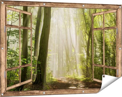 Gards Tuinposter Doorkijk Bos met Bomen en Zonneschijn - 120x80 cm - Tuindoek - Tuindecoratie - Wanddecoratie buiten - Tuinschilderij