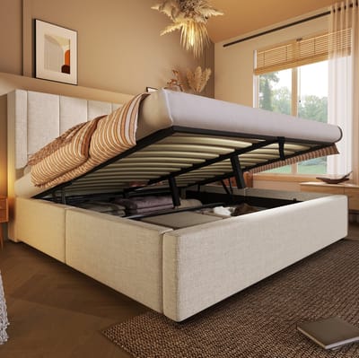 COVREO Bedframe met opbergruimte en USB-oplaadstation – 140x190 cm – Stoffen bed met lattenbodem – Beige – Volwassenen - zonder matras