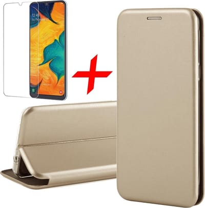 Hoesje geschikt voor Samsung Galaxy A30 - Screen Protector GlassGuard - Book Case Kunstleer ThinShield Goud & Screenprotector